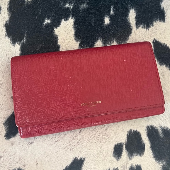 Saint Laurent Handbags - Saint Laurent Red Leather Long Wallet Clutch with gold chain